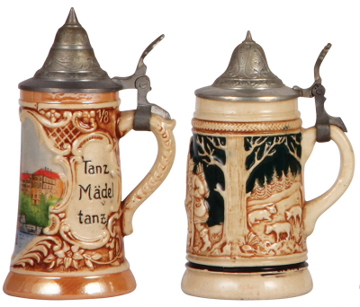 Four pottery steins, 3.8" to 5.6" ht., one transfer & handpainted, three relief, 1st., Basel, mint, 2nd., pewter strap repaired, 3rd., New Pennsylvania Capitol, Harrisburg PA, mint, 4th., base wear.  - 2