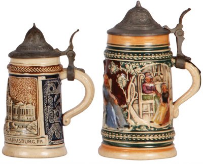 Four pottery steins, 3.8" to 5.6" ht., one transfer & handpainted, three relief, 1st., Basel, mint, 2nd., pewter strap repaired, 3rd., New Pennsylvania Capitol, Harrisburg PA, mint, 4th., base wear.  - 3