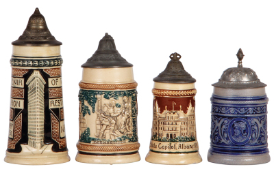 Four steins, thee pottery, one stoneware, 4.4" to 6.1" ht., relief, 1st., Souvenir of the Flat Iron Restaurant, New York, chip & pewter strap repair; 2nd., mint; 3rd., State Capitol, Albany N.Y., base chip; 4th., mint. 