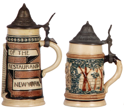 Four steins, thee pottery, one stoneware, 4.4" to 6.1" ht., relief, 1st., Souvenir of the Flat Iron Restaurant, New York, chip & pewter strap repair; 2nd., mint; 3rd., State Capitol, Albany N.Y., base chip; 4th., mint.  - 2