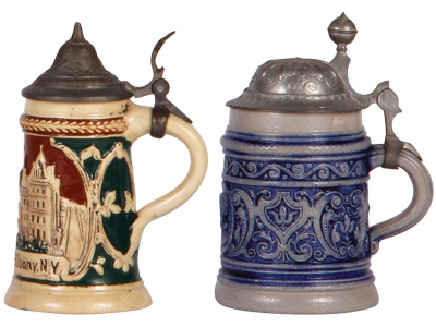 Four steins, thee pottery, one stoneware, 4.4" to 6.1" ht., relief, 1st., Souvenir of the Flat Iron Restaurant, New York, chip & pewter strap repair; 2nd., mint; 3rd., State Capitol, Albany N.Y., base chip; 4th., mint.  - 3