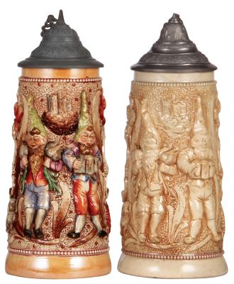 Two pottery steins, .5L, relief, by Diesinger, numbers 807 & 807, pewter lids, each has a hairline, second has dented lid. 