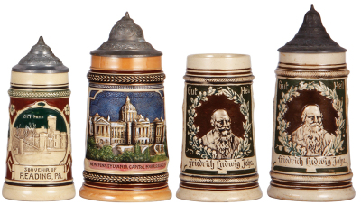 Four pottery steins, .3L & .5L, relief, souvenir of Reading, PA, line in handle; New Pennsylvania Capitol, Harrisburg, PA, mint; Friedrich Ludwig Jahn, no lid, body mint; Friedrich Ludwig Jahn, mint. 