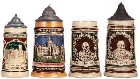 Four pottery steins, .3L & .5L, relief, souvenir of Reading, PA, line in handle; New Pennsylvania Capitol, Harrisburg, PA, mint; Friedrich Ludwig Jahn, no lid, body mint; Friedrich Ludwig Jahn, mint. 