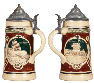 Four pottery steins, .3L & .5L, relief, souvenir of Reading, PA, line in handle; New Pennsylvania Capitol, Harrisburg, PA, mint; Friedrich Ludwig Jahn, no lid, body mint; Friedrich Ludwig Jahn, mint.  - 2