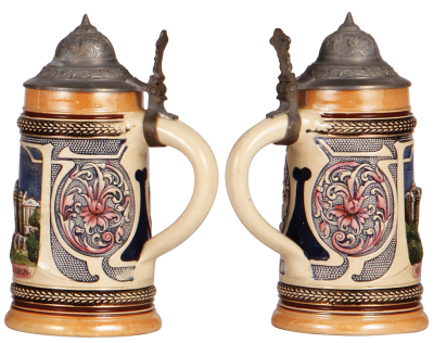 Four pottery steins, .3L & .5L, relief, souvenir of Reading, PA, line in handle; New Pennsylvania Capitol, Harrisburg, PA, mint; Friedrich Ludwig Jahn, no lid, body mint; Friedrich Ludwig Jahn, mint.  - 3