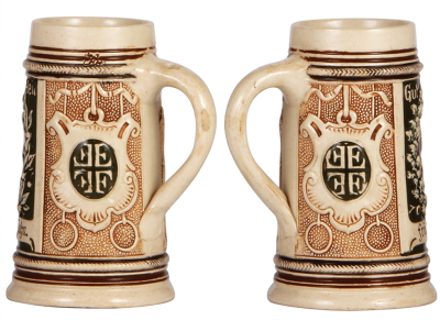 Four pottery steins, .3L & .5L, relief, souvenir of Reading, PA, line in handle; New Pennsylvania Capitol, Harrisburg, PA, mint; Friedrich Ludwig Jahn, no lid, body mint; Friedrich Ludwig Jahn, mint.  - 4