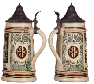 Four pottery steins, .3L & .5L, relief, souvenir of Reading, PA, line in handle; New Pennsylvania Capitol, Harrisburg, PA, mint; Friedrich Ludwig Jahn, no lid, body mint; Friedrich Ludwig Jahn, mint.  - 5