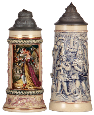 Two pottery steins, .5L, relief, by Diesinger, numbers 36 & 804, first stein has chip & missing finial, second has factory chip. 