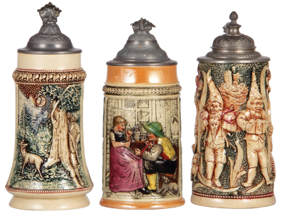 Three pottery steins, .5L, relief, by Diesinger, numbers 545, 42 & 807, pewter lids, first has base hairline, others mint.