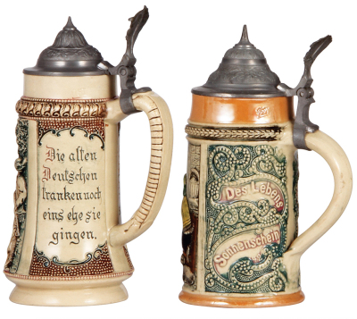 Three pottery steins, .5L, relief, by Diesinger, numbers 545, 42 & 807, pewter lids, first has base hairline, others mint. - 2