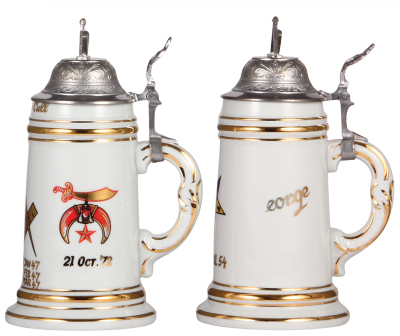 Four steins, modern, three porcelain, .5L, transfer & hand-painted, Masonic motifs, all have pewter lids, mint; with, .5L, pottery, relief & transfer, marked Western Germany, Bevo Mill, St. Louis, Missouri, mint. - 2