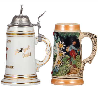 Four steins, modern, three porcelain, .5L, transfer & hand-painted, Masonic motifs, all have pewter lids, mint; with, .5L, pottery, relief & transfer, marked Western Germany, Bevo Mill, St. Louis, Missouri, mint. - 3