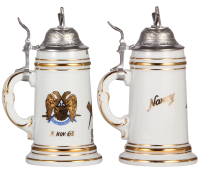 Four steins, modern, three porcelain, .5L, transfer & hand-painted, Masonic motifs, all have pewter lids, mint; with, .5L, pottery, relief & transfer, marked Western Germany, Bevo Mill, St. Louis, Missouri, mint. - 4
