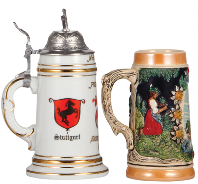 Four steins, modern, three porcelain, .5L, transfer & hand-painted, Masonic motifs, all have pewter lids, mint; with, .5L, pottery, relief & transfer, marked Western Germany, Bevo Mill, St. Louis, Missouri, mint. - 5