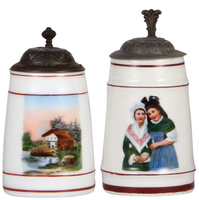 Two porcelain steins,4.3'' ht., transfer & hand-painted, house, pewter lid, mint; with, 4.8'' ht., transfer & hand-painted, two young women, pewter lid, pewter tear, tight hinge, body mint.