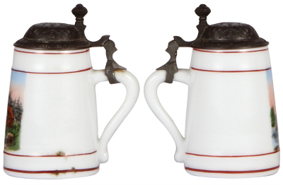 Two porcelain steins,4.3'' ht., transfer & hand-painted, house, pewter lid, mint; with, 4.8'' ht., transfer & hand-painted, two young women, pewter lid, pewter tear, tight hinge, body mint. - 2