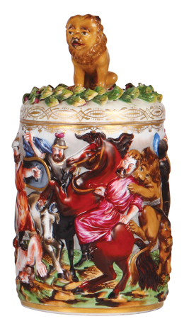 Porcelain stein, 1.0L, 10.6" ht., hand-painted relief, Capo-di-Monte, porcelain lid, very good lid repair, small chips.  