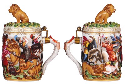 Porcelain stein, 1.0L, 10.6" ht., hand-painted relief, Capo-di-Monte, porcelain lid, very good lid repair, small chips.   - 2