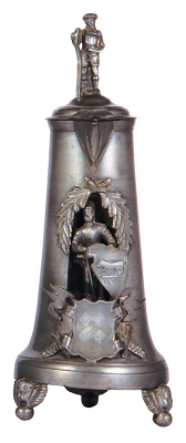 Pewter flagon, 1.5L, 14.5'' ht., relief, Knight, pewter lid, man holding stick, very good condition.