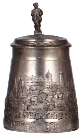 Pewter stein, .5L, relief, Nürnberg scene, small scratches.