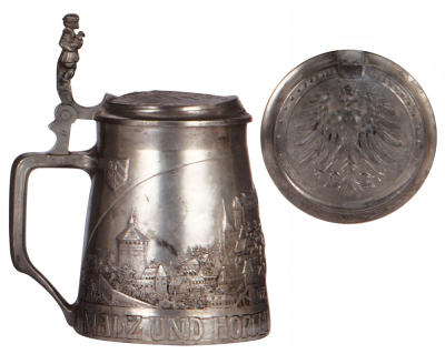 Pewter stein, .5L, relief, Nürnberg scene, small scratches. - 3