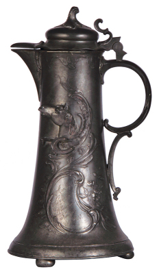 Pewter flagon, 2.5L, 14.6'' ht., relief, marked Kayserzinn 4059, body inscription dated 1900, pewter lid, shallow dents.