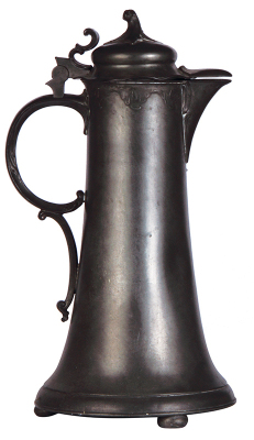 Pewter flagon, 2.5L, 14.6'' ht., relief, marked Kayserzinn 4059, body inscription dated 1900, pewter lid, shallow dents. - 2