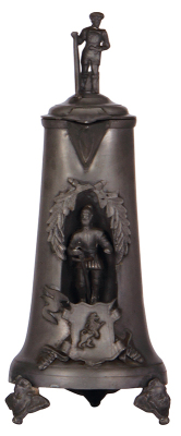 Pewter flagon, 1.5L, 14.4'' ht., relief, Knight, pewter lid, Landsknecht finial, minor pewter repairs.