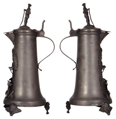 Pewter flagon, 1.5L, 14.4'' ht., relief, Knight, pewter lid, Landsknecht finial, minor pewter repairs. - 2