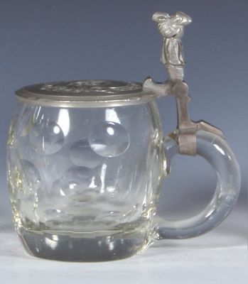 Glass stein, .4L, blown, cut, pewter lid: engraved skull, Bier ist Gift, pewter strap repaired, otherwise mint. - 2