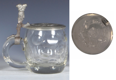 Glass stein, .4L, blown, cut, pewter lid: engraved skull, Bier ist Gift, pewter strap repaired, otherwise mint. - 3