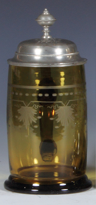 Glass stein, .5L, blown, amber flashed, hand-engraved flowers, pewter lid, mint.