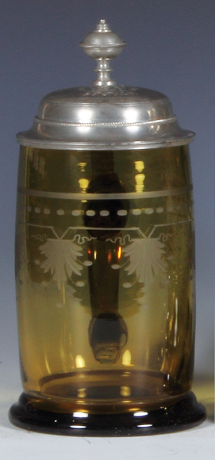 Glass stein, .5L, blown, amber flashed, hand-engraved flowers, pewter lid, mint.