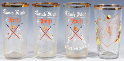 Four glass beakers, 5.3'' to 5.6'' ht., blown, clear, hand-painted, Rauch Klub Pfeife, named painted or engraved below pipes, gold wear, two have chips.