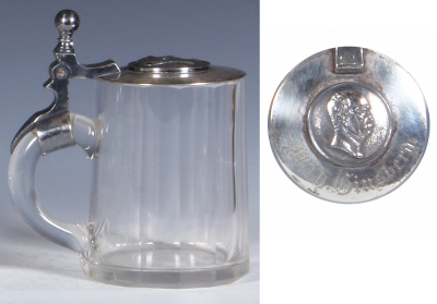 Glass stein, .3L, blown, faceted, silver-plated lid, Wilhelm Ginsberg engraved on lid, mint. - 3