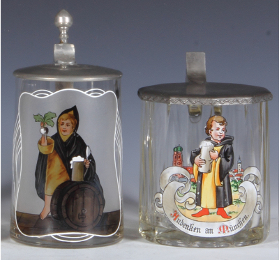 Two glass steins, .5L, blown, clear, transparent enamel, Munich Child, pewter lid, mint; with, .5L, mold
