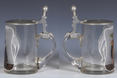 Two glass steins, .5L, blown, clear, transparent enamel, Munich Child, pewter lid, mint; with, .5L, mold - 2