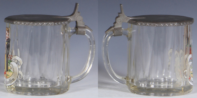Two glass steins, .5L, blown, clear, transparent enamel, Munich Child, pewter lid, mint; with, .5L, mold - 3