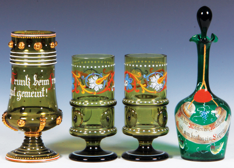 Four glass bottle & beakers, 6.2'' to 9.2'' ht., blown, amber & green, 1st beaker signed Moser 8535, beakers have prunts, hand-painted, 1st & 2nd beakers have flakes, otherwise mint.