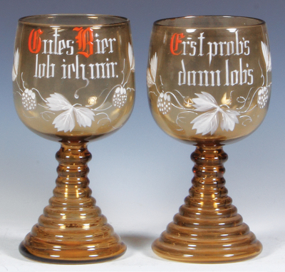 Two glass goblets, 8.1'' ht., blown, amber, hand-painted, verse, both mint.