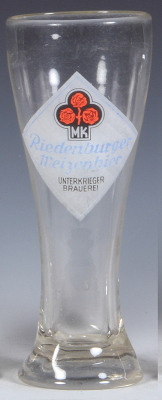 Glass beaker, .5L, 9.1'' ht., blown, clear, transfer, Riedenburger Weizenbier Unterkrieger Brauerei, wear.