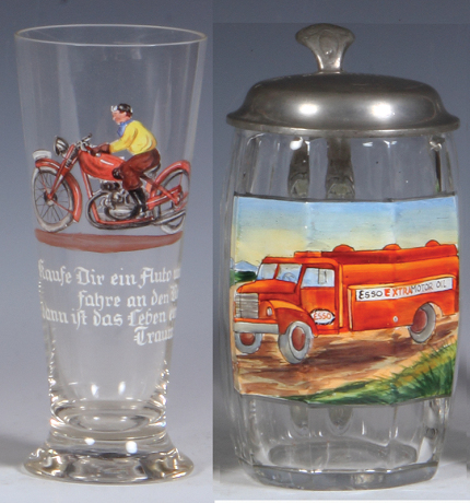 Two glass items, beaker, .3L, 6.7'' ht., blown, enameled, Kaufe Dir ein Auto und fahre an den Baum, dann ist das Leben ein Traum!, motorcycle rider, mint; with, stein, .5L, pressed, c.1950s, transfer & hand-painted, Esso Extra Motor Oil, pewter lid, missi