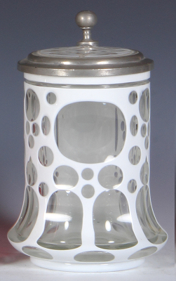 Glass stein, .5L, blown, white on clear overlay, matching glass inlaid lid, very good repair of the pewter strap, body mint.