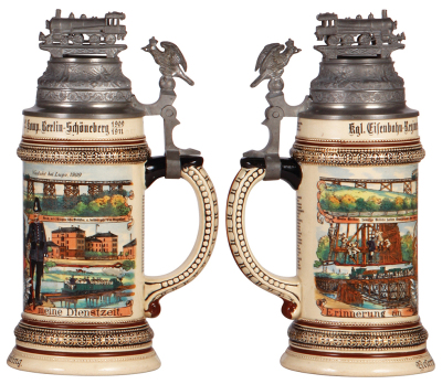 Regimental stein, .5L, 10.0" ht., pottery, 2. Komp., Eisenbahn Regiment Nr. 2, Berlin - Schöneberg, 1909 - 1911, six side scenes, roster, eagle thumblift, named to: Reservist Ebeling, mint.  - 2