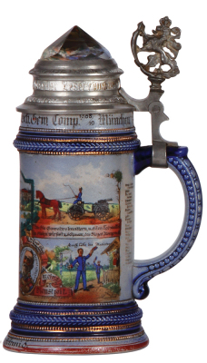 Regimental stein, .5L, 9.6" ht., stoneware, Masch. Gew. Comp., bayr. Inft. Regt. Nr. 2, München, 1908 - 1910, four side scenes, roster, lion thumblift, named to: Inftr. Georg Schmid, prism lid with M.G. scene, a few tiny glaze flakes.  - 2