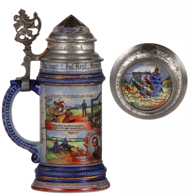 Regimental stein, .5L, 9.6" ht., stoneware, Masch. Gew. Comp., bayr. Inft. Regt. Nr. 2, München, 1908 - 1910, four side scenes, roster, lion thumblift, named to: Inftr. Georg Schmid, prism lid with M.G. scene, a few tiny glaze flakes.  - 3
