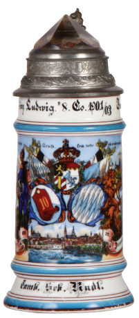 Regimental stein, .5L, 9.0" ht., porcelain, 8. Co., bayr, Inft. Regt. Nr. 10, Ingolstadt, 1901 - 1903, six side scenes, lion thumblift, named to: Tamb. Seb. Rudl, prism lid, faint lithophane lines, a little wear to base band. 