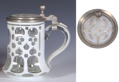 Glass stein, .5L, blown, white on clear overlay, matching glass inlaid lid, very good repair of the pewter strap, body mint. - 2