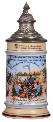 Regimental stein, .5L, 9.4" ht., porcelain, 5. Comp., Inft. Regt. 12, Neu-Ulm, 1895 - 1897, six side scenes, lion thumblift, named to: Wendelin Knoft Hornist, in rear: Hoch lebe der Ökonem., lithophane lines, otherwise mint. 